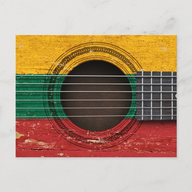 Cartão Postal Guitarra Acústica Antiga com Bandeira da Lituânia (Frente)