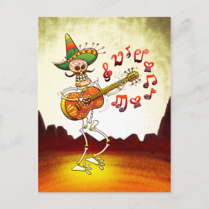 Cartão Postal Guitarra Mexicana Jogando Skeleton