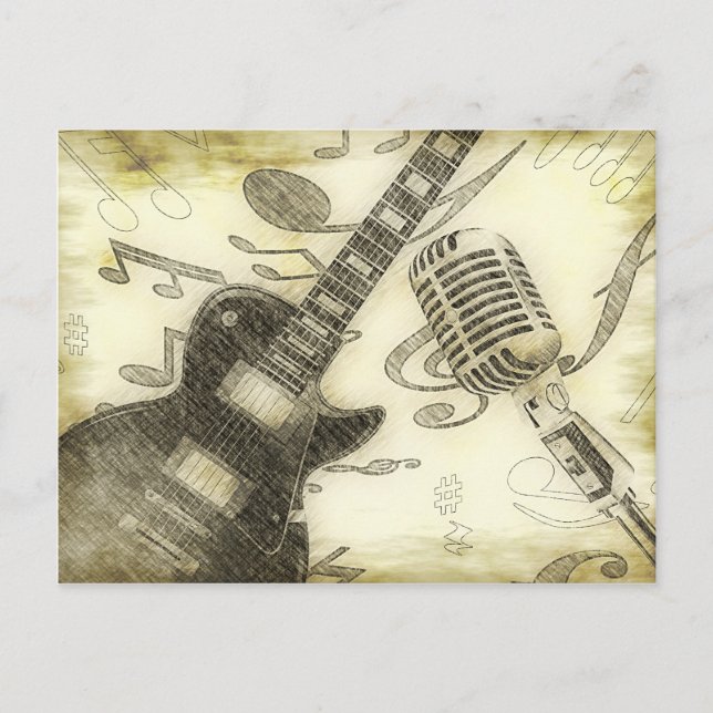 Cartão Postal Guitarra Vintage e Microfone (Frente)