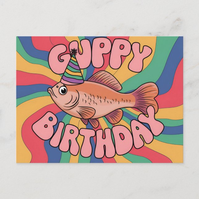 Cartão Postal Guppy usando chapéu de aniversário cores psicodéli (Frente)