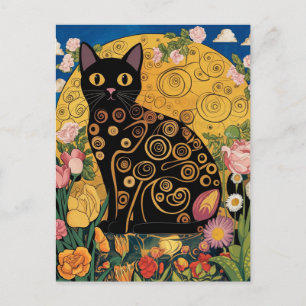 Cartão Postal Gustav Klimt Floral Black Cat, Arte Eclética Moder
