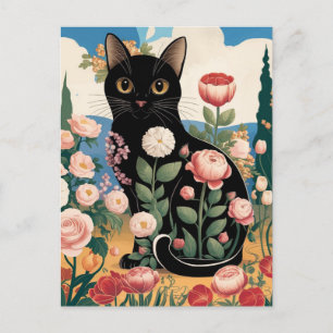 Cartão Postal Gustav Klimt Floral Gato Preto Arte Moderna Ecléti