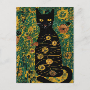 Cartão Postal Gustav Klimt Gato Preto Fofo em um Jardim de Flore
