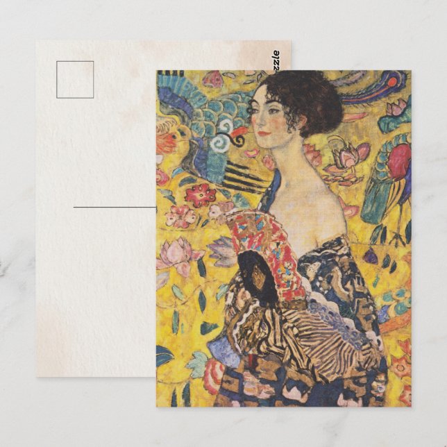 Cartão Postal Gustav Klimt-Lady com ventilador | (Frente/Verso)