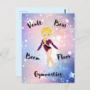 Cartão Postal Gym Star Blonde, Olhos Verdes, Borgonha Leotard