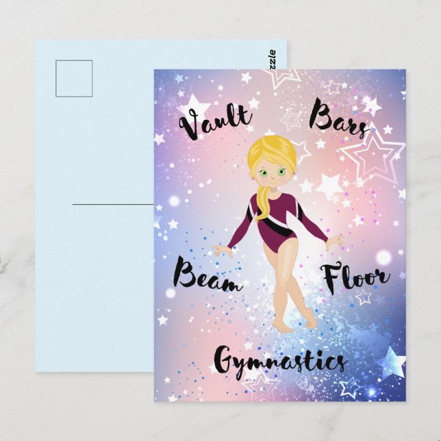 Cartão Postal Gym Star Blonde, Olhos Verdes, Borgonha Leotard (Frente/Verso)