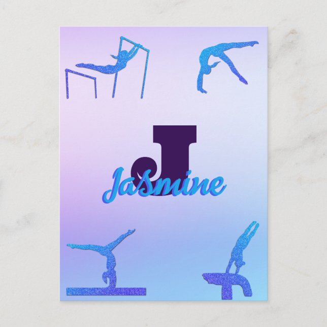Cartão Postal Gymnastics Blue Purple Monograma Personalizado (Frente)