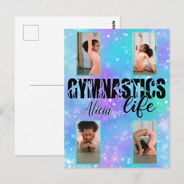 Cartão Postal Gymnastics Life Pastel Personalised Name & 4 Photo (Frente/Verso)