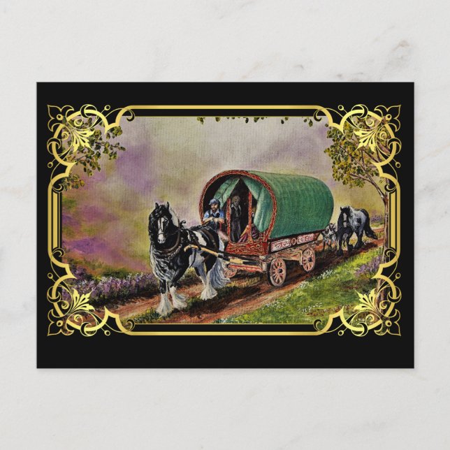 Cartão Postal Gypsy Vanner Horse Irish Caravan Wagon Tapeçaria (Frente)