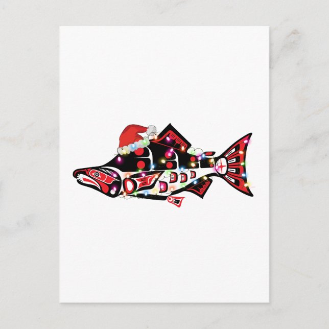 Cartão Postal Haida Salmon Spirit Animal Com Luzes De Natal (Frente)
