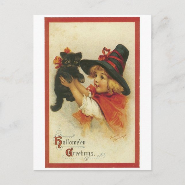 Cartão Postal Halloween antigo, bruxa com gato preto (Frente)
