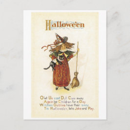 Cartão Postal Halloween antigo, bruxa com gato preto