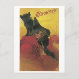 Cartão Postal Halloween antigo, bruxa com gato preto