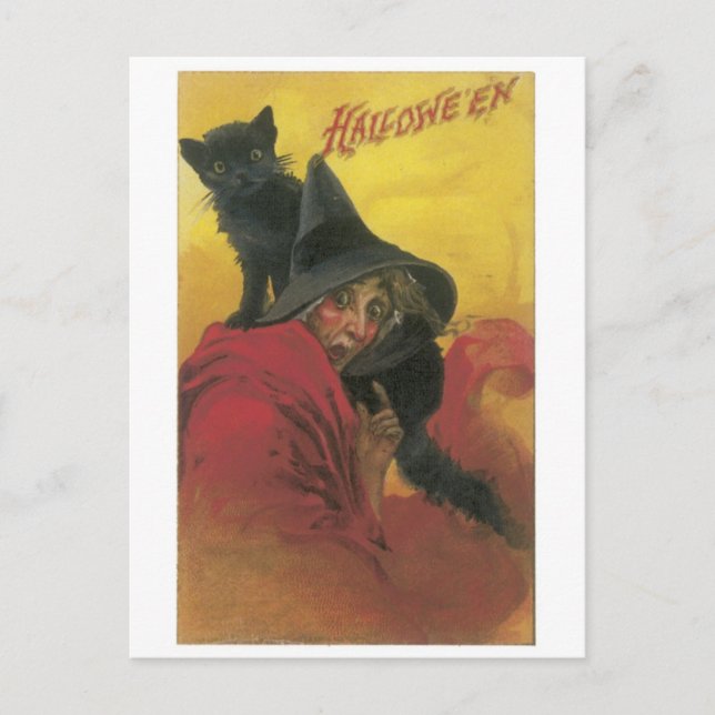 Cartão Postal Halloween antigo, bruxa com gato preto (Frente)