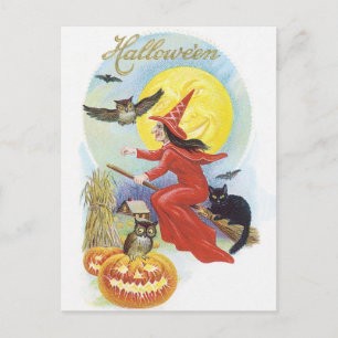 Cartão Postal Halloween Antigo, Bruxa Voadora com um Gato Preto