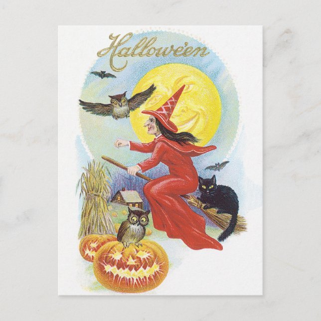 Cartão Postal Halloween Antigo, Bruxa Voadora com um Gato Preto (Frente)