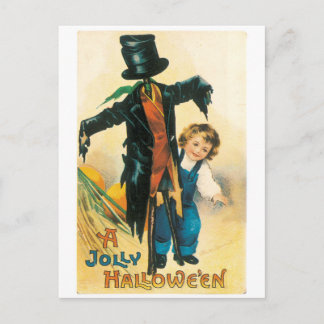 Cartão Postal Halloween antigo, Espantalho e criança