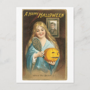 Cartão Postal Halloween antigo, garota com espelho de mão