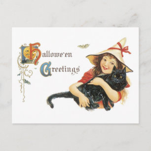 Cartão Postal Halloween antigo, Garota com gato preto