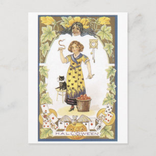 Cartão Postal Halloween antigo, Garota com gato preto