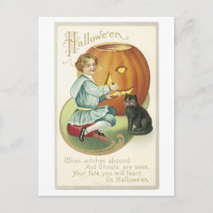 Cartão Postal Halloween antigo, Garota com gato preto