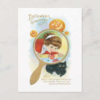 Cartão Postal Halloween antigo, Garota e Gato Negro