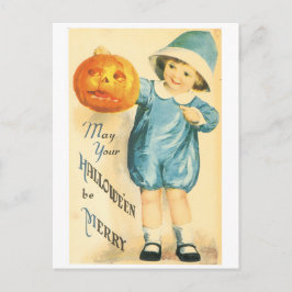 Cartão Postal Halloween antigo, Garota segurando abóbora