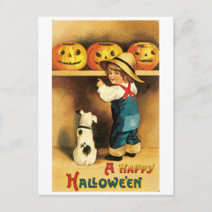 Cartão Postal Halloween antigo, Garoto com Puppy
