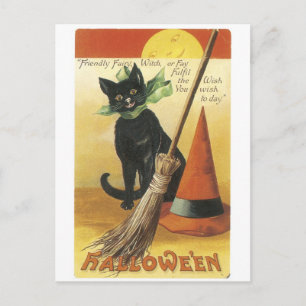 Cartão Postal Halloween antigo, gato negro