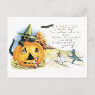 Cartão Postal Halloween antigo, Gato Negro e Ratos