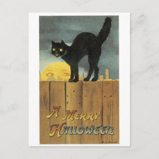 Cartão Postal Halloween antigo, gato preto e lua de Cheio