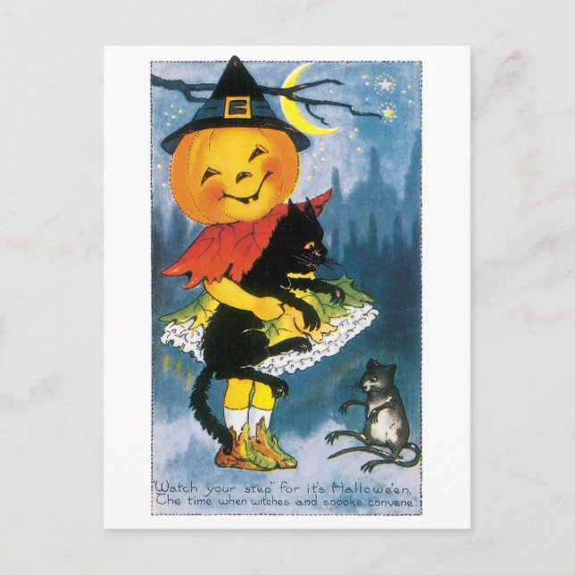 Cartão Postal Halloween antigo, Jack-o-lanterna (Frente)