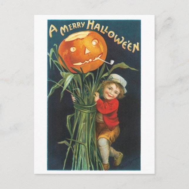 Cartão Postal Halloween antigo, Jack-o-lanterno Scarecrow (Frente)
