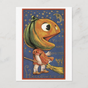 Cartão Postal Halloween antigo, Menina de Abóbora