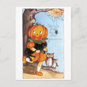 Cartão Postal Halloween antigo, Menina de Abóbora, Gato Negro