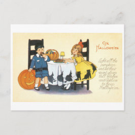Cartão Postal Halloween antigo, Menino e Rapariga