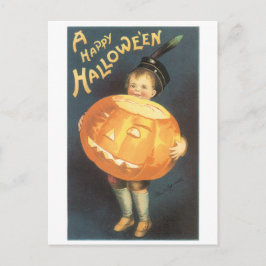 Cartão Postal Halloween antigo, Menino segurando Pumpkin