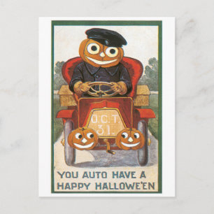 Cartão Postal Halloween antigo, motorista de abóbora