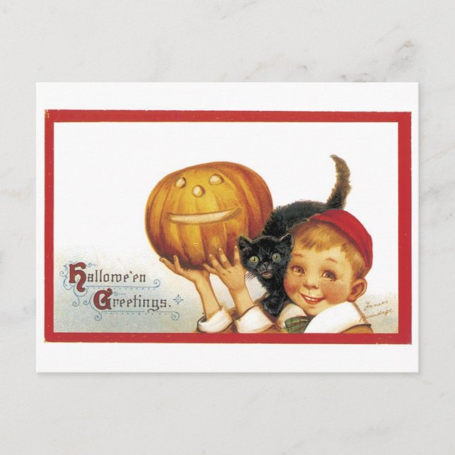 Cartão Postal Halloween antiquado, Menino com Gato Negro (Frente)