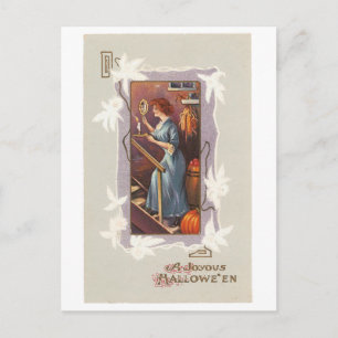 Cartão Postal Halloween antiquado, senhora com espelho de mão