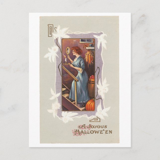 Cartão Postal Halloween antiquado, senhora com espelho de mão (Frente)