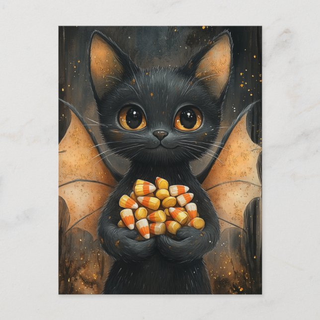 Cartão Postal Halloween Bat Cat With Candy (Frente)