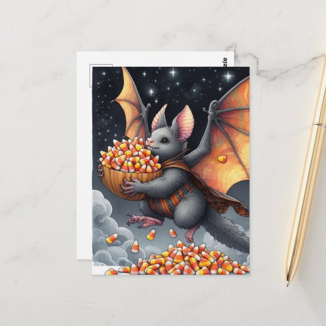 Cartão Postal Halloween Bat Flying Squirrel Hybrid with Candy (Frente/Verso In Situ)