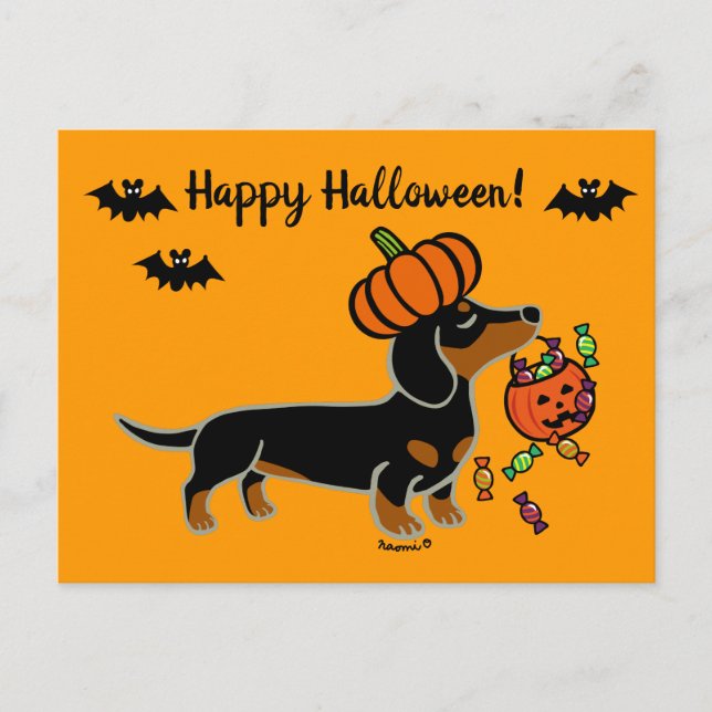 Cartão Postal Halloween Black and Tan Smooth Haired Dachshund (Frente)