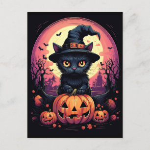 Cartão Postal Halloween Black CAT com Pumpkin e Witch HAT