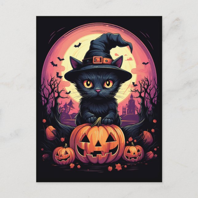 Cartão Postal Halloween Black CAT com Pumpkin e Witch HAT (Frente)
