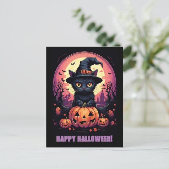 Cartão Postal Halloween Black CAT com Pumpkin e Witch HAT (Em pé/Frente)