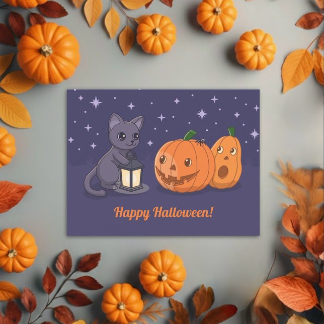 Cartão Postal Halloween Black Cat Pumpkins Lantern Purple (Criador carregado)