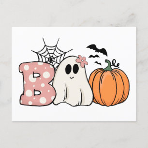 Cartão Postal Halloween Boo Ghost Pumpkin Bats Cobweb