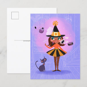 Cartão Postal Halloween Brown Hair WitLavanda e Rosa